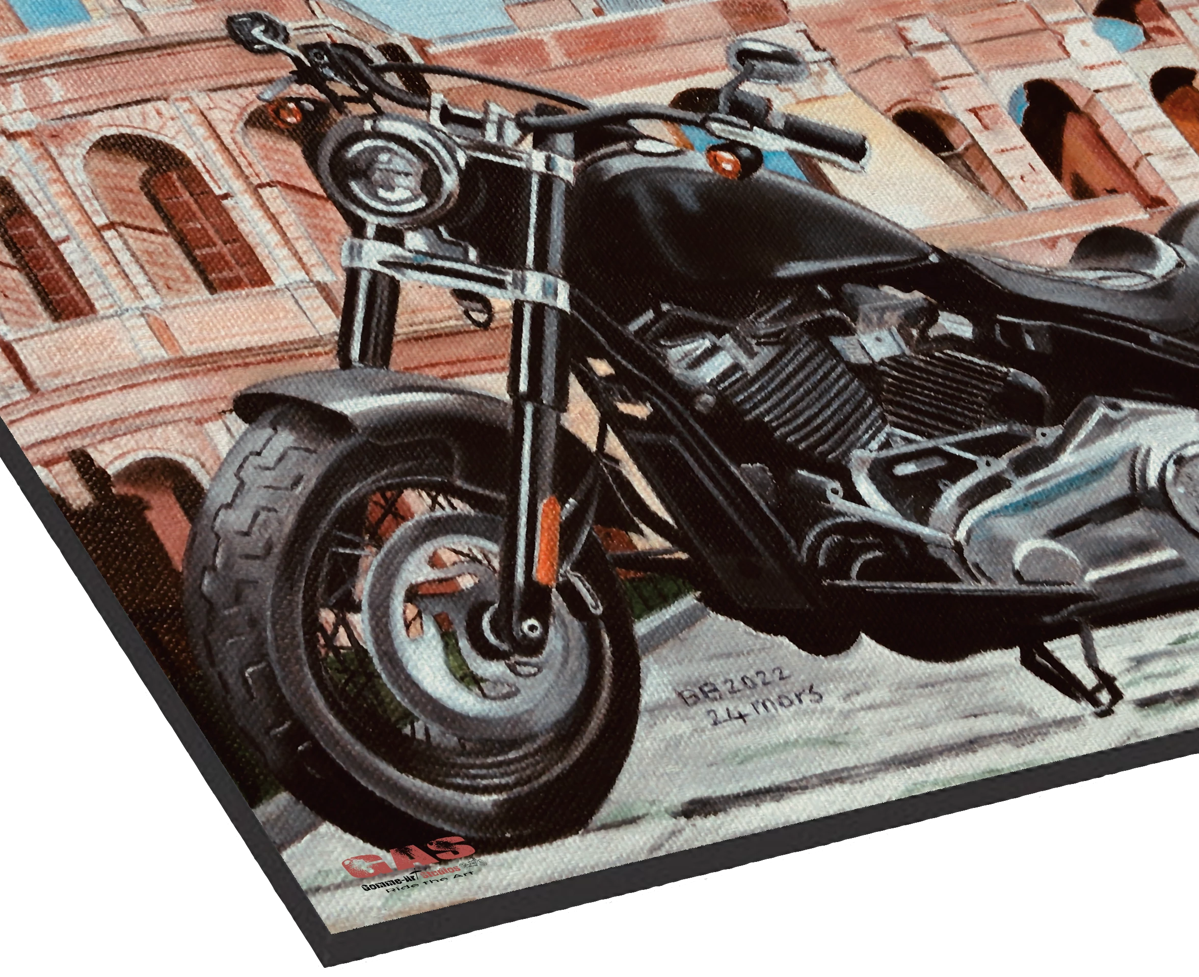 Tableau au format carré représentant une Harley-Davidson Softail devant le Colisée de Rome. Huile sur toile. Reproduction sur Alu-Dibond. Réalisation du tableau par l'artiste BB de Gomme-art Studios.