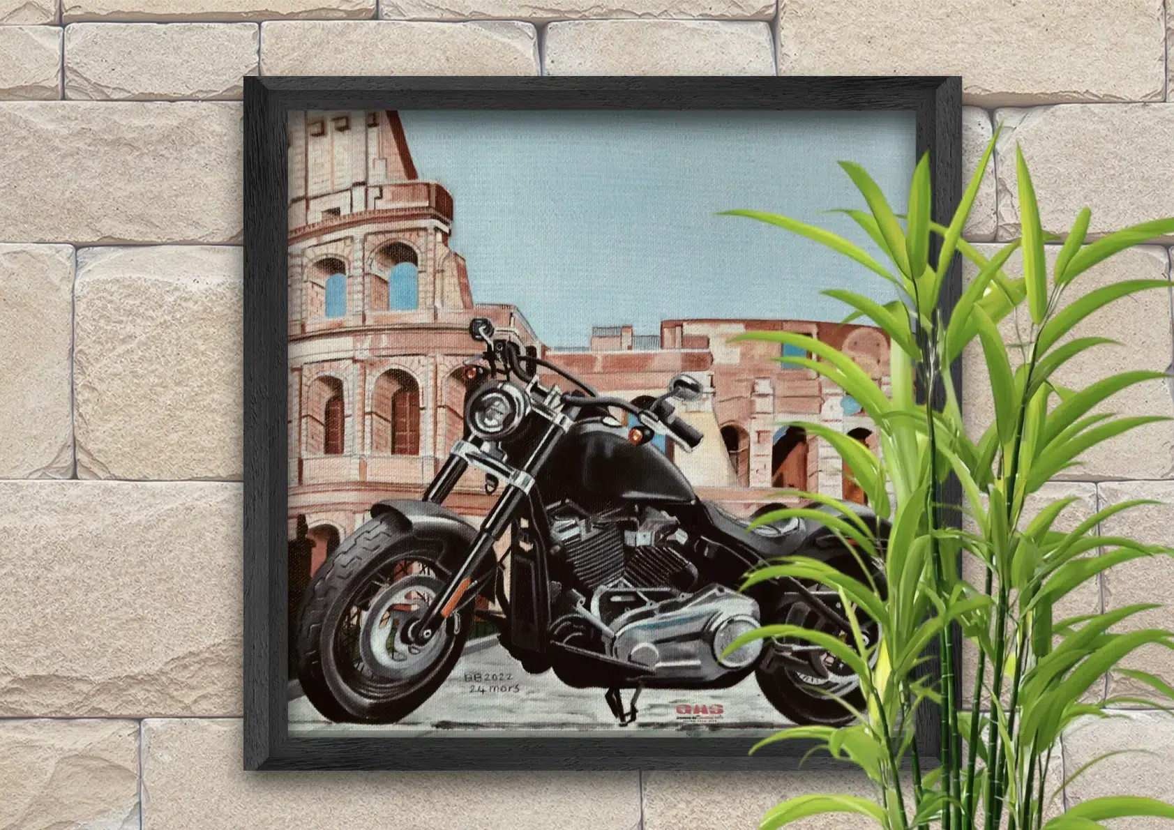 Tableau au format carré représentant une Harley-Davidson Softail devant le Colisée de Rome. Huile sur toile. Reproduction sur toile. Caisse américaine. Réalisation du tableau par l'artiste BB de Gomme-art Studios.