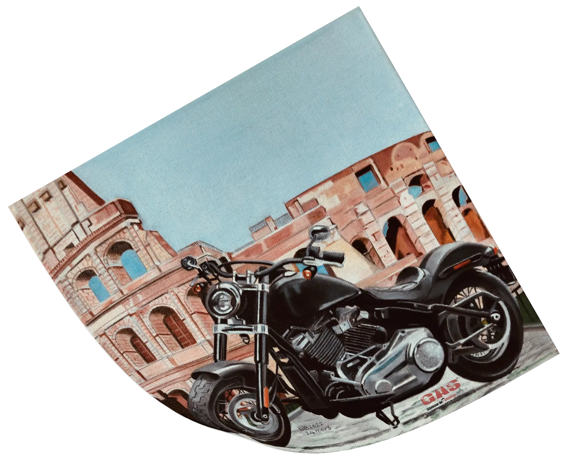 Tableau au format carré représentant une Harley-Davidson Softail devant le Colisée de Rome. Huile sur toile. Reproduction sur papier Hahnemühle. Réalisation du tableau par l'artiste BB de Gomme-art Studios.