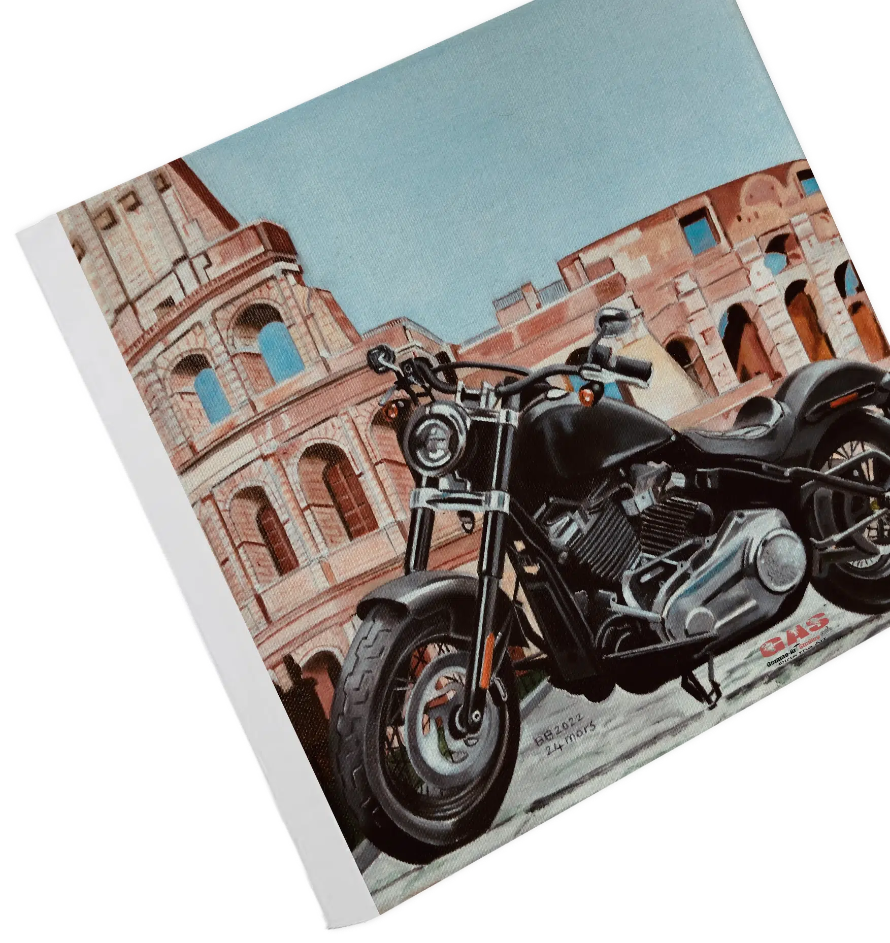 Tableau au format carré représentant une Harley-Davidson Softail devant le Colisée de Rome. Huile sur toile. Reproduction sur toile avec châssis. Sans cadre. Réalisation du tableau par l'artiste BB de Gomme-art Studios.
