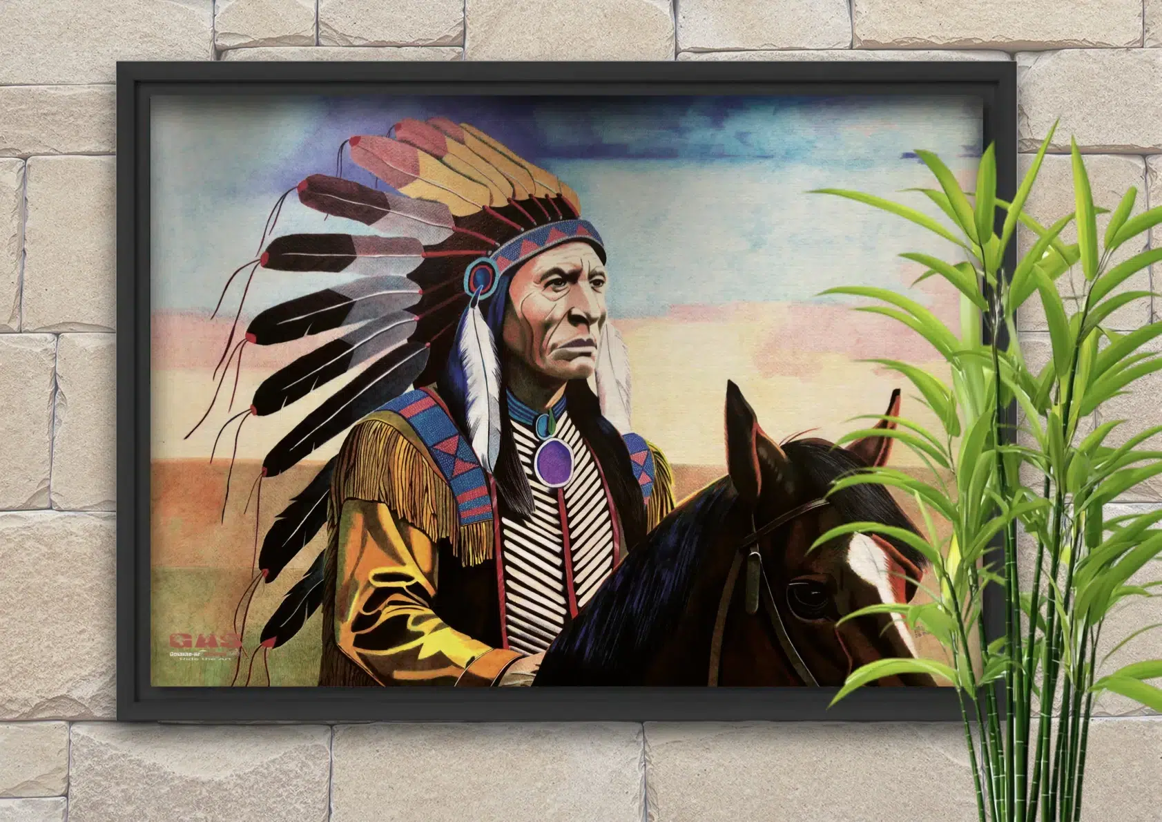 portraits-mythiques-sacred-spirit-28mars2025-caisse-americaine-gomme-art-studios Tableau en format paysage représentant un Amérindien sur son cheval. L'Amérindien contemple les grandes plaines s'étendant devant lui. Stylos à bille couleur. Tableau encadré par une caisse américaine et accroché au mur. Réalisation du tableau par l'artiste BB de Gomme-art Studios.