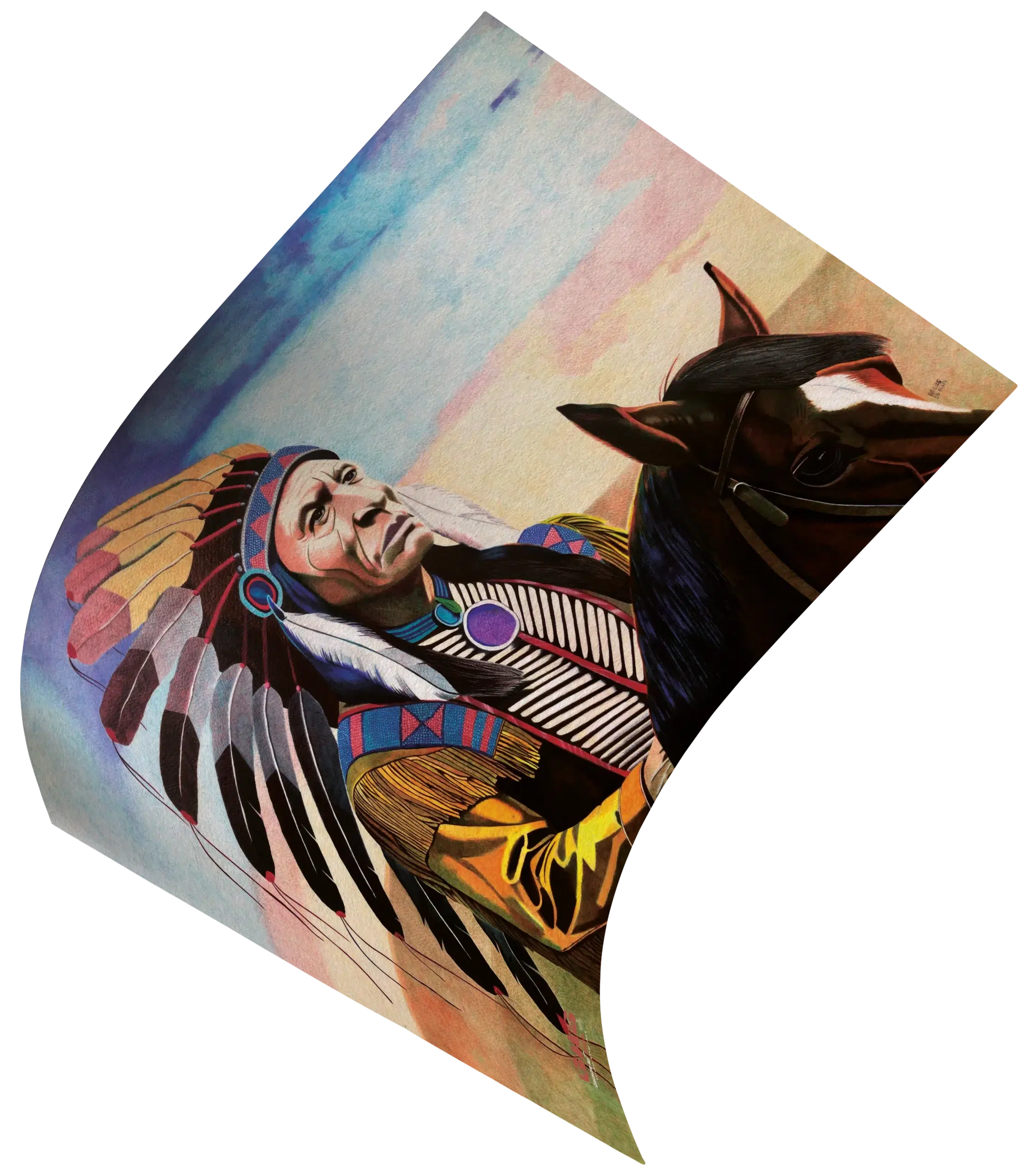 portraits-mythiques-sacred-spirit-28mars2025-hahnemuhle-gomme-art-studios Tableau en format paysage représentant un Amérindien sur son cheval. L'Amérindien contemple les grandes plaines s'étendant devant lui. Stylos à bille couleur. Tableau sur papier Hahnemühle. Réalisation du tableau par l'artiste BB de Gomme-art Studios.