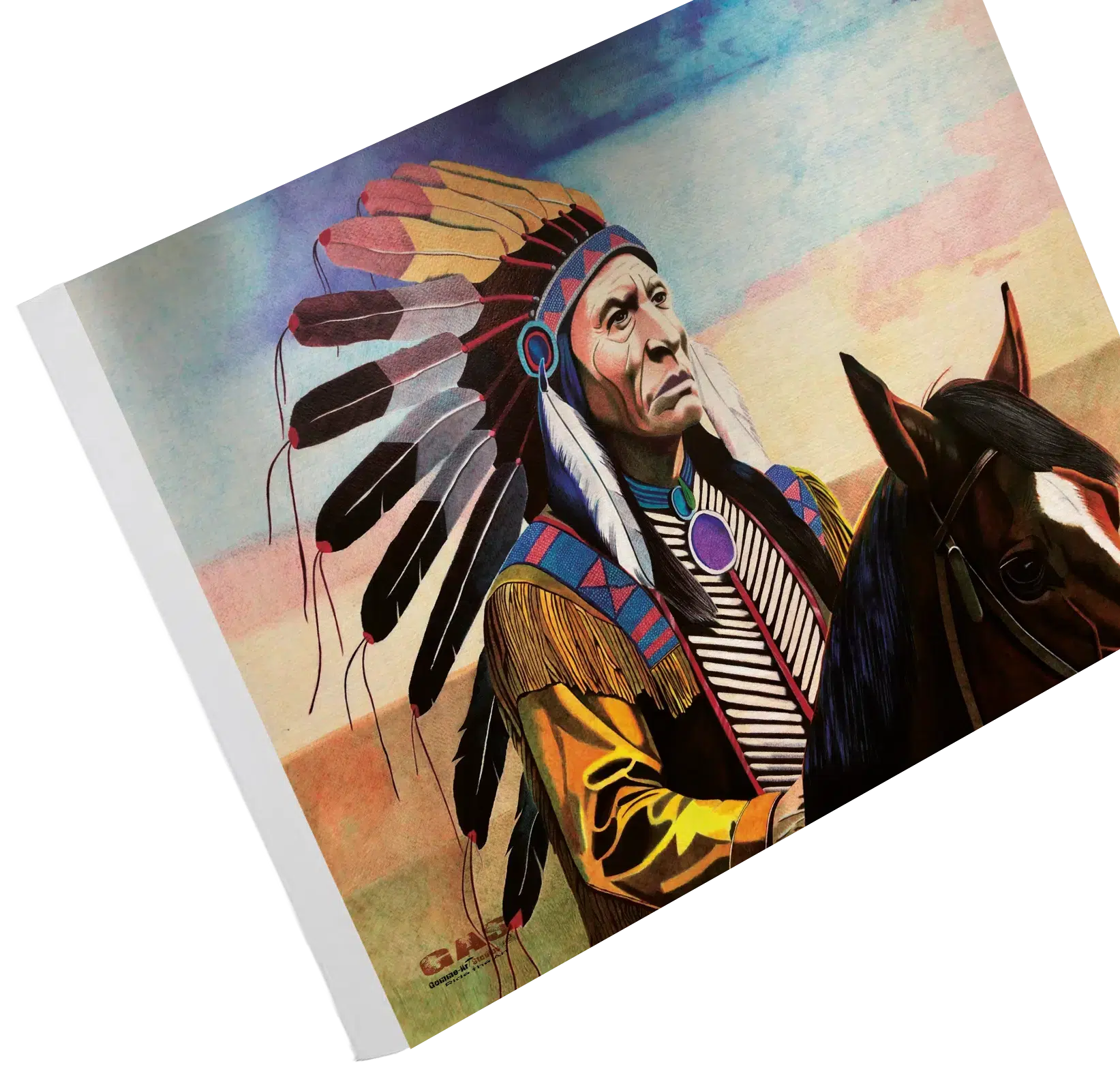 portraits-mythiques-sacred-spirit-28mars2025-toile-sur-chassis-gomme-art-studios Tableau en format paysage représentant un Amérindien sur son cheval. L'Amérindien contemple les grandes plaines s'étendant devant lui. Stylos à bille couleur. Reproduction du tableau sur toile sans cadre. Réalisation du tableau par l'artiste BB de Gomme-art Studios.