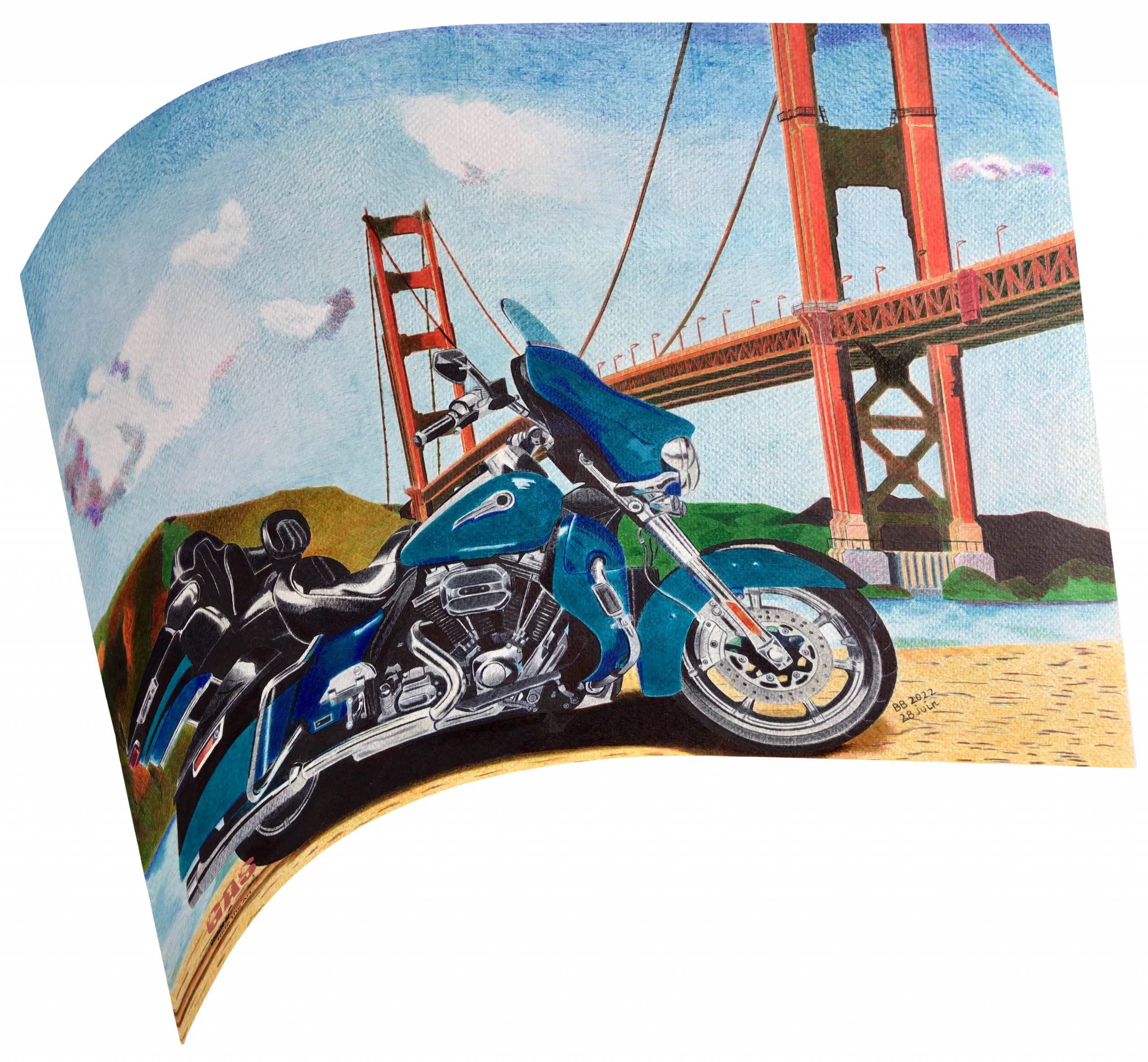 harley-cvo-sfo-28juin2022-hahnemuhle-gomme-art-studios Tableau au format paysage représentant un CVO Harley-Davidson devant le Golden Gate Bridge. Stylos à bille couleur. Reproduction sur papier d'art Hahnemühle. Réalisation du tableau par l'artiste BB de Gomme-art Studios.
