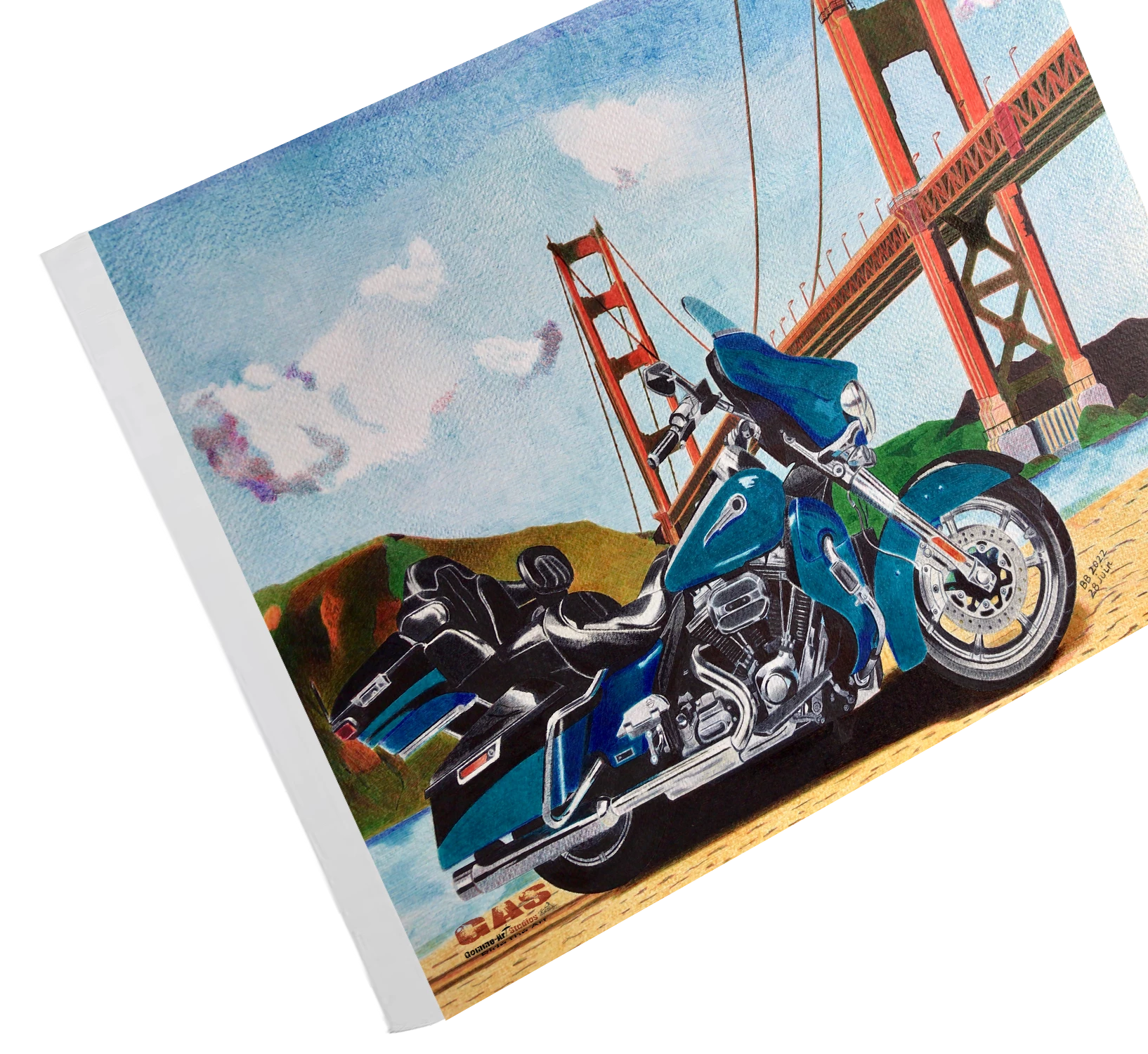 harley-cvo-sfo-28juin2022-toile-sur-chassis-gomme-art-studios Tableau au format paysage représentant un CVO Harley-Davidson devant le Golden Gate Bridge. Stylos à bille couleur. Reproduction sur toile. Réalisation du tableau par l'artiste BB de Gomme-art Studios.
