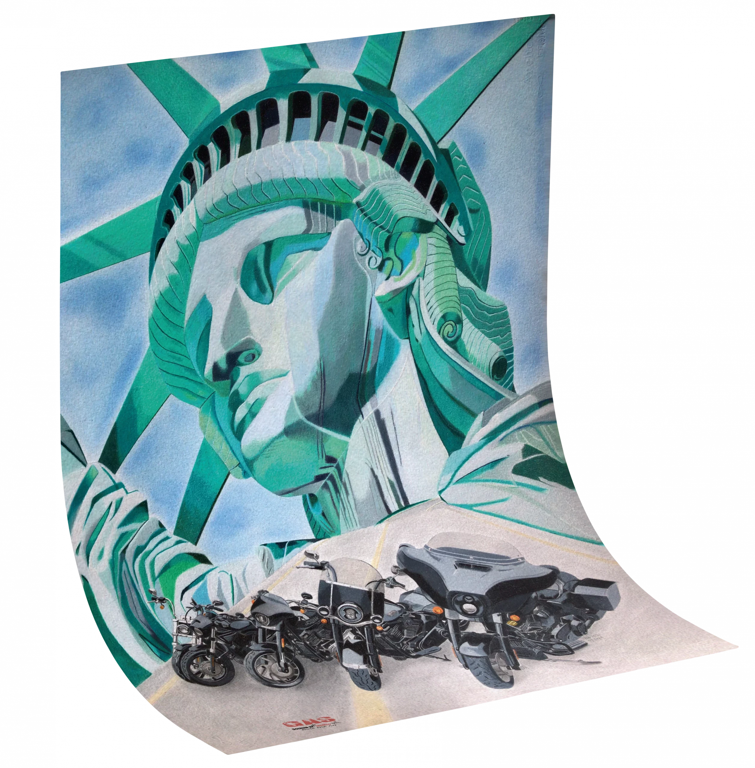 harley-liberty-hog-11sept2022-hahnnemuhle-gomme-art-studios Tableau au format portrait représentant des Harley-Davidson garées devant la statue de la liberté de New York. Crayons de couleur. Reproduction sur papier d'art Hahnemühle. Réalisation du tableau par l'artiste BB de Gomme-art Studios.