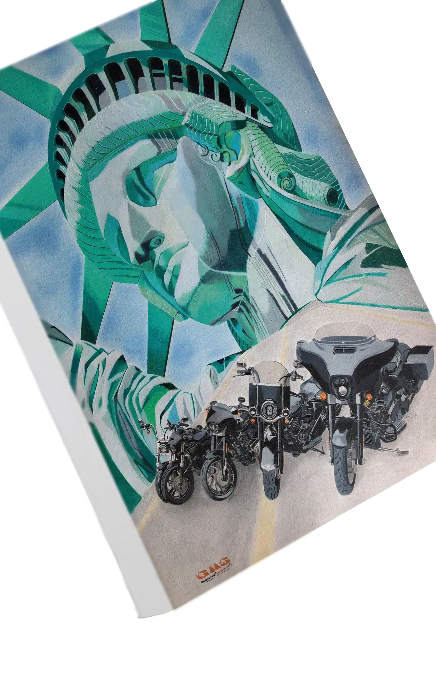 harley-liberty-hog-11sept2022-toile-sur-chassis-gomme-art-studios Tableau au format portrait représentant des Harley-Davidson garées devant la statue de la liberté de New York. Crayons de couleur. Reproduction sur toile. Réalisation du tableau par l'artiste BB de Gomme-art Studios.